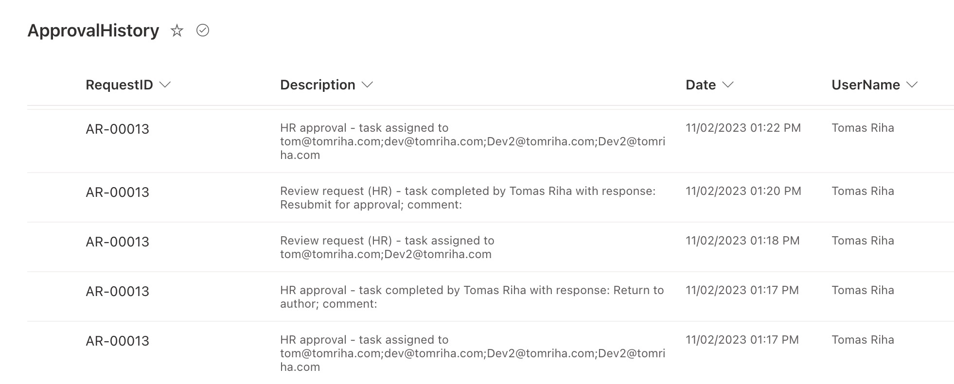 ApprovalHistory SharePoint list showing every decision, approver, timestamp, and comment