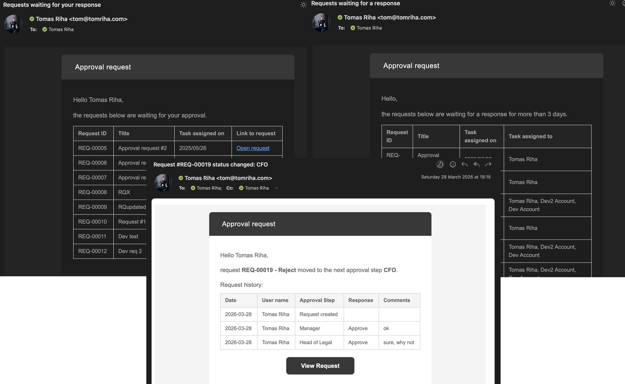 Outlook email notifications sent by the solution: approval task, overdue reminder, and status-change update